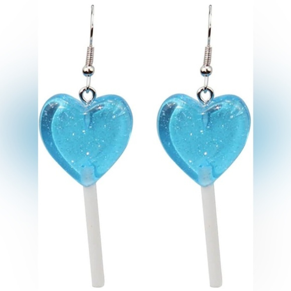 NWT - Heart Lollipop translucent with glitter dangle earrings set - light blue